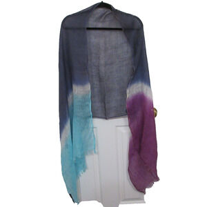 Artisan Umbro Linen Gauze Scarf Raw Fringe Wrap Blue Purple Shaw THALASS 27X80"